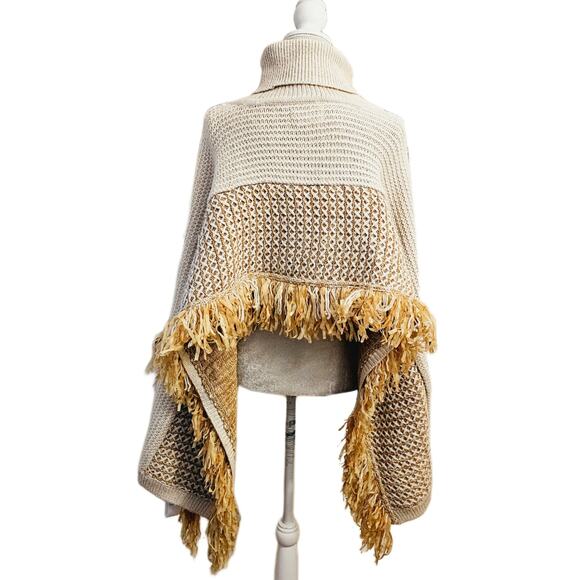 NWOT Anthropologie Fringe Turtleneck Cropped Poncho Sweater $200 - Picture 3 of 8
